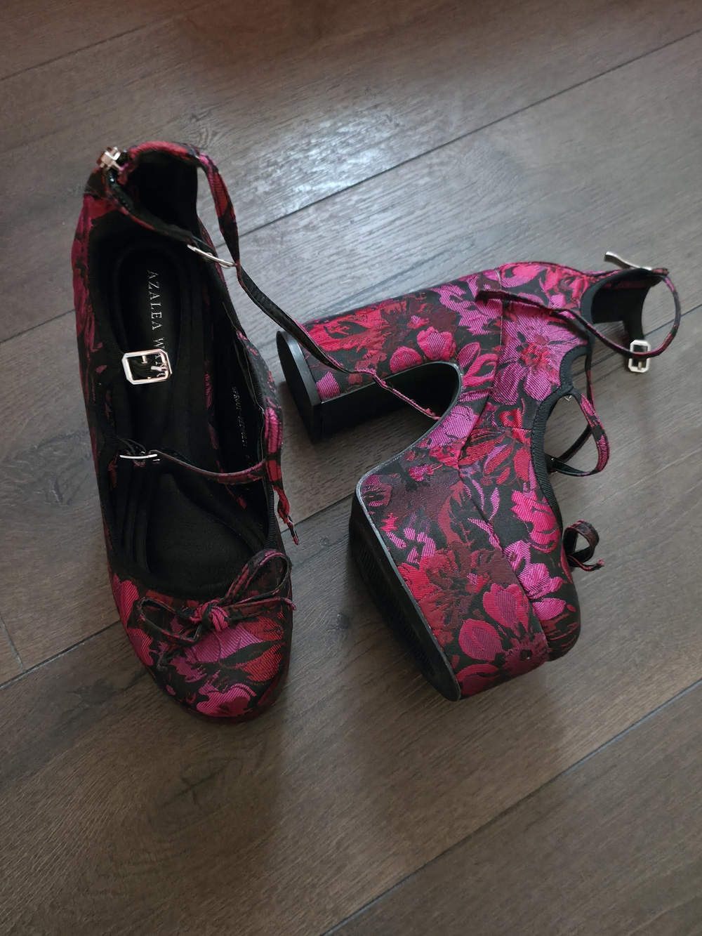 Azalea Wang Akria Pink Floral Platform Heels with Ankle Strap